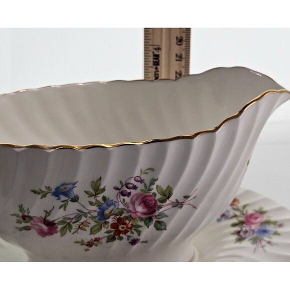 Minton Marlow Floral Gravy Boat Attached Underplate vtg Globe backstamp1950s ros - Picture 8 of 12